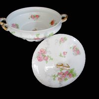 Antique Limoges Serving Dish, Large Round Vegetable, Jean Pouyat, JPL Limoges, Pink Carnations, Pink Floral Limoges Vegetable Dish