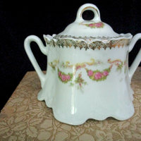 Antique Creamer and Sugar Bowl, Deep Scalloped Edges, Pink Rose Garlands, Cream Pitcher and Lidded Sugar Bowl, Cottage Chic, Farmhouse Decor