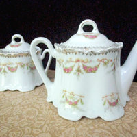 Antique Creamer and Sugar Bowl, Deep Scalloped Edges, Pink Rose Garlands, Cream Pitcher and Lidded Sugar Bowl, Cottage Chic, Farmhouse Decor
