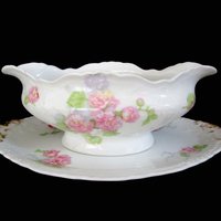 Antique Limoges Gravy Boat, Jean Pouyat, JPL Limoges, Pink Carnations, Pink Floral Limoges Gravy Boat and Under Plate, Vintage Gifts
