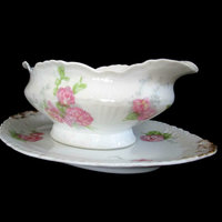 Antique Limoges Gravy Boat, Jean Pouyat, JPL Limoges, Pink Carnations, Pink Floral Limoges Gravy Boat and Under Plate, Vintage Gifts