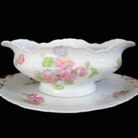 Antique Limoges Gravy Boat, Jean Pouyat, JPL Limoges, Pink Carnations, Pink Floral Limoges Gravy Boat and Under Plate, Vintage Gifts
