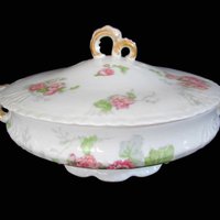 Antique Limoges Serving Dish, Large Round Vegetable, Jean Pouyat, JPL Limoges, Pink Carnations, Pink Floral Limoges Vegetable Dish