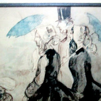 Victorian Etching, Watercolor, Victorian Ladies and Gentleman with Umbrella, Matted and Framed, Victorian Decor, Vintage Gifts