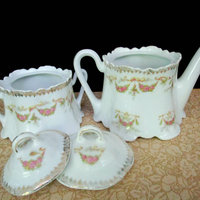 Antique Creamer and Sugar Bowl, Deep Scalloped Edges, Pink Rose Garlands, Cream Pitcher and Lidded Sugar Bowl, Cottage Chic, Farmhouse Decor