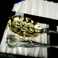 Sheffield Fruit Salad Serving Utensil Set, Deep Repousse, Original Hard Storage Case, Made in England, Mid Century Dining, Make Offer