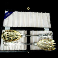 Sheffield Fruit Salad Serving Utensil Set, Deep Repousse, Original Hard Storage Case, Made in England, Mid Century Dining, Make Offer