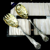 Sheffield Fruit Salad Serving Utensil Set, Deep Repousse, Original Hard Storage Case, Made in England, Mid Century Dining, Make Offer