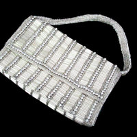 Walborg Beaded Bag, with Rhinestones, Silver Wedding Clutch, Beaded Rhinestone Evening Bag, Vintage Gifts, Make Offer