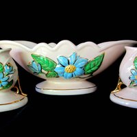 Hull Pottery, Hull Console Set, Bowl and 2 Candle Holders, Blue Florals on Pink, Mid Century Statement Piece, Wedding Gift