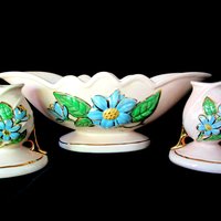 Hull Pottery, Hull Console Set, Bowl and 2 Candle Holders, Blue Florals on Pink, Mid Century Statement Piece, Wedding Gift