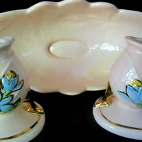 Hull Pottery, Hull Console Set, Bowl and 2 Candle Holders, Blue Florals on Pink, Mid Century Statement Piece, Wedding Gift