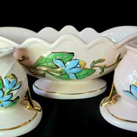 Hull Pottery, Hull Console Set, Bowl and 2 Candle Holders, Blue Florals on Pink, Mid Century Statement Piece, Wedding Gift