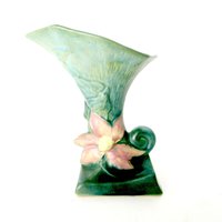 Roseville Pottery Vase, Clematis Cornucopia, Green Pink, American Art Pottery, Ohio Pottery