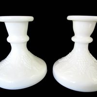 Milk Glass Candleholders, Set of 2, Grape and Leaves Design, White Candlestick Holders, Wedding Decor, Farmhouse Decor, Make Offer