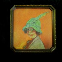 Vintage Framed Print, Tory, Girl with Piccolo, In Feathered Hat, Campbell Print Inc, New York