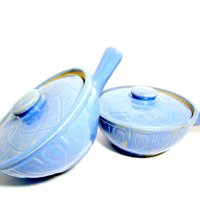 Oven Ware Baking Pots, Lidded Soup Bowls, with Handle, Small Casserole Dishes, Made in USA, Blue Glaze, Farmhouse Kitchen, Make Offer
