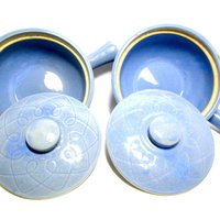Oven Ware Baking Pots, Lidded Soup Bowls, with Handle, Small Casserole Dishes, Made in USA, Blue Glaze, Farmhouse Kitchen, Make Offer