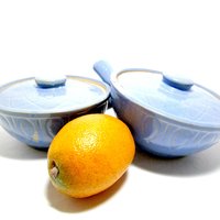 Oven Ware Baking Pots, Lidded Soup Bowls, with Handle, Small Casserole Dishes, Made in USA, Blue Glaze, Farmhouse Kitchen, Make Offer