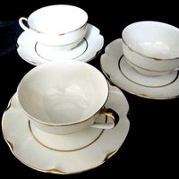 Haviland New York, Cups and Saucers, Set of 3, Theodore Haviland, Concorde Pattern, White with Gold Bands, Made in New York, America, 1930s