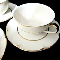 Haviland New York, Cups and Saucers, Set of 3, Theodore Haviland, Concorde Pattern, White with Gold Bands, Made in New York, America, 1930s