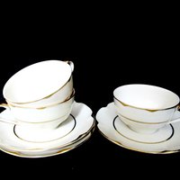 Haviland New York, Cups and Saucers, Set of 3, Theodore Haviland, Concorde Pattern, White with Gold Bands, Made in New York, America, 1930s