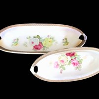 Antique Celery Boats, Pair of Serving Bowls, KL Germany, Relish Dish, Vegetable Plates, Roses with Gold Trim, Made in Germany, Wedding Gift