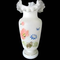 Antique Victorian Vase, Bristol Opaline, Ruffled Lip, Double Crimp, Hand Painted, Victorian Decor, 1920s