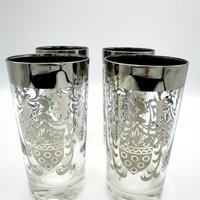 Vintage Barware, Kimiko Silver Crest, Mid Century, Silver Rimmed Highballs, Set of 4, Kimiko Guardian, Make Offer