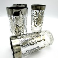 Vintage Barware, Kimiko Silver Crest, Mid Century, Silver Rimmed Highballs, Set of 4, Kimiko Guardian, Make Offer