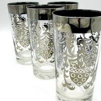Vintage Barware, Kimiko Silver Crest, Mid Century, Silver Rimmed Highballs, Set of 4, Kimiko Guardian, Make Offer
