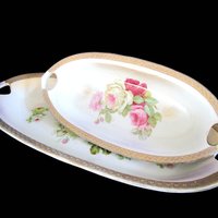 Antique Celery Boats, Pair of Serving Bowls, KL Germany, Relish Dish, Vegetable Plates, Roses with Gold Trim, Made in Germany, Wedding Gift