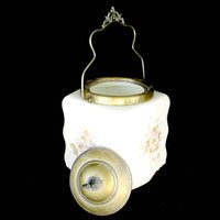 Wave Crest, Biscuit Jar, Porcelain Cracker Jar, Creamy White, Hand Painted Florals, Metal Lid and Ornate Handle
