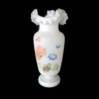 Antique Victorian Vase, Bristol Opaline, Ruffled Lip, Double Crimp, Hand Painted, Victorian Decor, 1920s