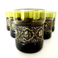 Mid Century Lowballs, Leather Bands, Green Whiskey Glasses, Old Fashioneds, Embossed Straps, Old World Barware, Set of 6, Great Condition