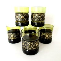 Mid Century Lowballs, Leather Bands, Green Whiskey Glasses, Old Fashioneds, Embossed Straps, Old World Barware, Set of 6, Great Condition