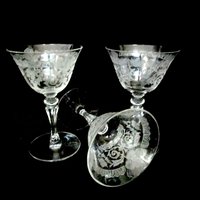 Tiffin Capri Sherry Glasses Cordials Liquors, Tiffin Passion Flower, Set of 3, Tiffin Franciscan Etched Stemware, Excellent Condition