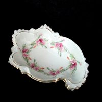 Antique Bone Dishes, Set of 2 Bone Plates, Soap Dish, Jewelry Dish, Deeply Scalloped, Heavy Relief, Pink Roses, Made in Austria, MZ Austria