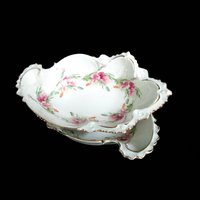 Antique Bone Dishes, Set of 2 Bone Plates, Soap Dish, Jewelry Dish, Deeply Scalloped, Heavy Relief, Pink Roses, Made in Austria, MZ Austria