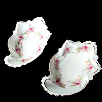 Antique Bone Dishes, Set of 2 Bone Plates, Soap Dish, Jewelry Dish, Deeply Scalloped, Heavy Relief, Pink Roses, Made in Austria, MZ Austria