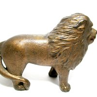 Cast Iron Lion Coin Bank, A. C. Williams , Tail Right, Gold Finish, Heavy Piggy Bank, 1920s