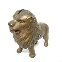 Cast Iron Lion Coin Bank, A. C. Williams , Tail Right, Gold Finish, Heavy Piggy Bank, 1920s