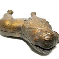 Cast Iron Lion Coin Bank, A. C. Williams , Tail Right, Gold Finish, Heavy Piggy Bank, 1920s