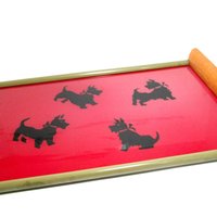 Mid Century Serving Tray, Black Scottish Terriers on Red Background, Wood Handles, Scottie Cocktail Tray, Large 18 inches by 11 Inches