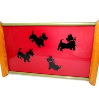 Mid Century Serving Tray, Black Scottish Terriers on Red Background, Wood Handles, Scottie Cocktail Tray, Large 18 inches by 11 Inches
