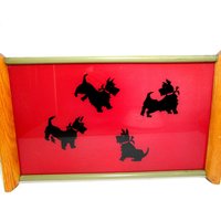 Mid Century Serving Tray, Black Scottish Terriers on Red Background, Wood Handles, Scottie Cocktail Tray, Large 18 inches by 11 Inches