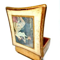 Florentine Music Box, Jewelry Storage, White with Gold Trims, Musicians, Red Interior, Theme to Love Story