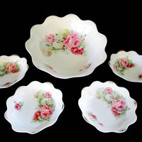 Antique Berry Set, Serving Bowl and 4 Berry Bowls, Made in Germany, Pink Roses. Scalloped and Embossed, Wedding Gift