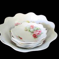 Antique Berry Set, Serving Bowl and 4 Berry Bowls, Made in Germany, Pink Roses. Scalloped and Embossed, Wedding Gift