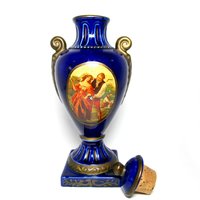 Wine Carafe, Liquor Decanter, Courting Couple, Cobalt Blue, Gold Gilt Trim, Cork Stopper, Made in Germany
